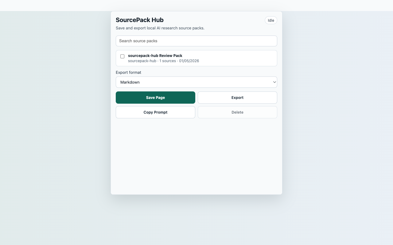 SourcePack Hub popup screenshot