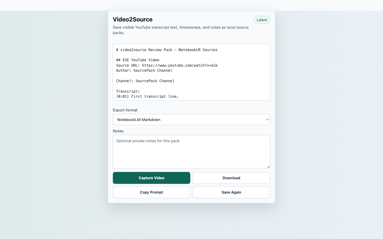 Video2Source extension popup screenshot