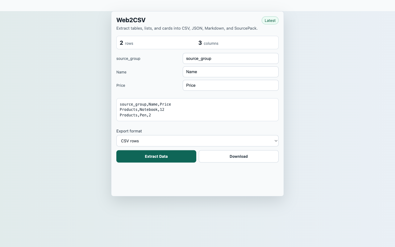 Web2CSV extension popup screenshot